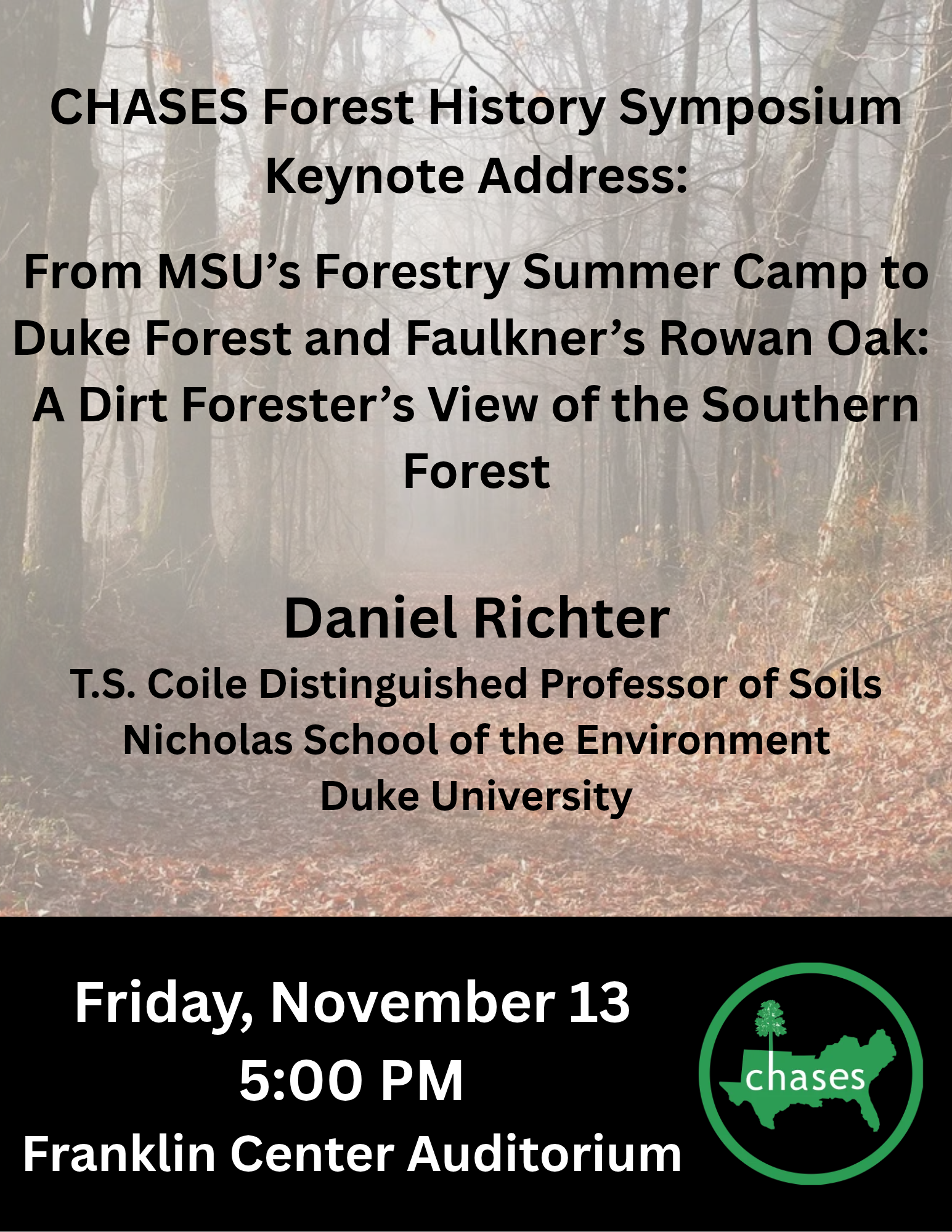 Flyer for Daniel Richter's Keynote address, featuring title over a faded background picture of a southern forest.